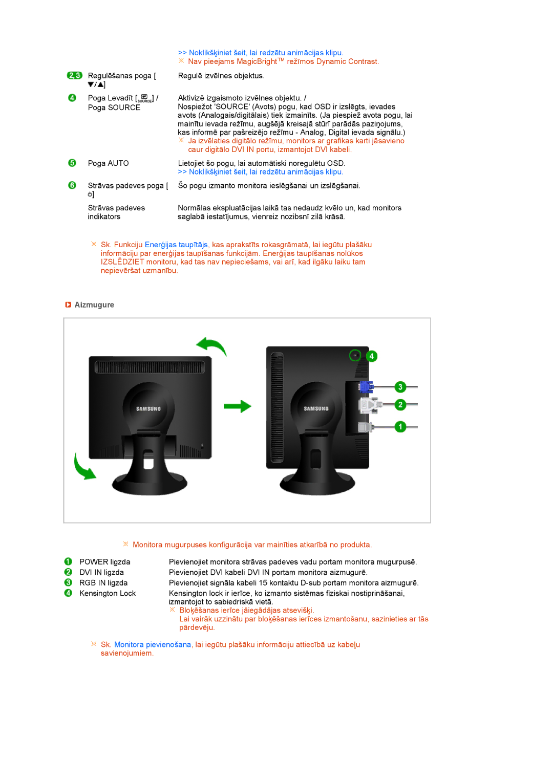 Samsung LS19PFDQSQ/EDC, LS19PFDQFV/EDC manual Nav pieejams MagicBright režīmos Dynamic Contrast, Aizmugure 