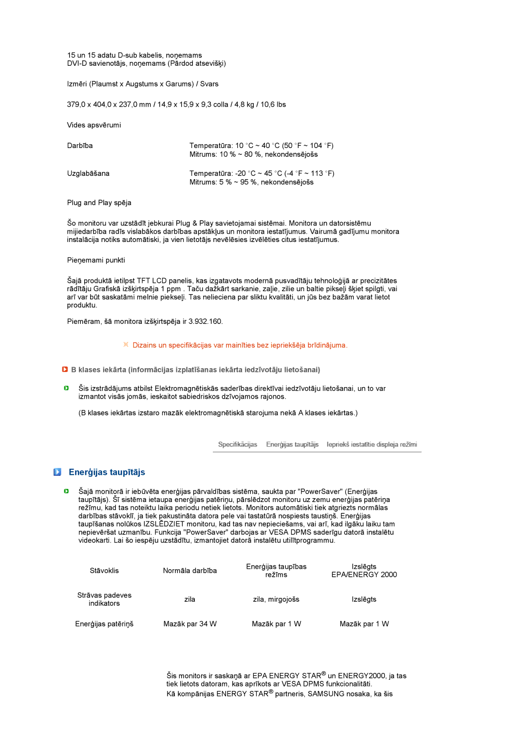 Samsung LS19PFDQFV/EDC, LS19PFDQSQ/EDC manual Enerģijas taupītājs, Epa/Energy 