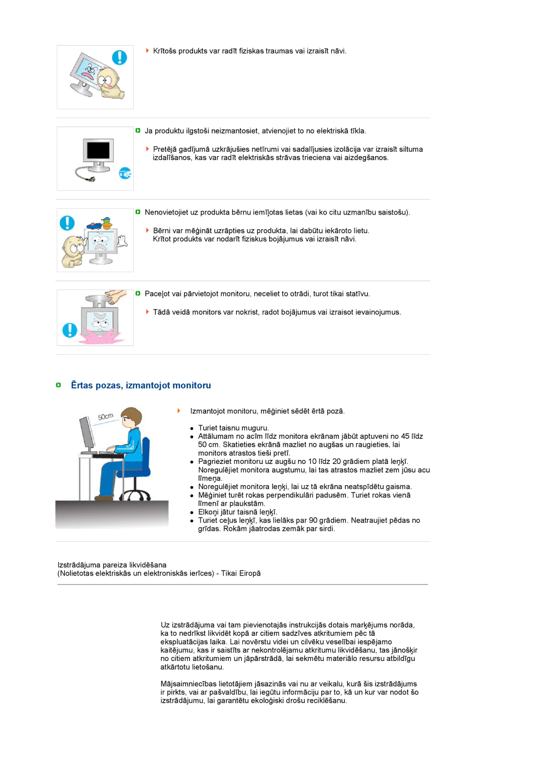 Samsung LS19PFDQFV/EDC, LS19PFDQSQ/EDC manual Ērtas pozas, izmantojot monitoru 