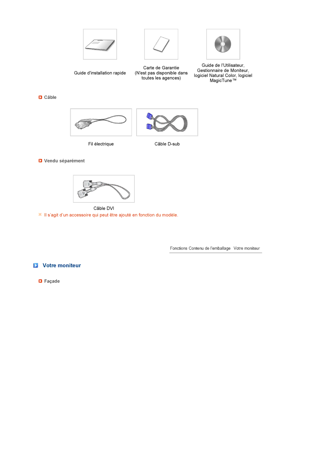 Samsung LS19PFGDFV/EDC manual Votre moniteur, Câble, Vendu séparément, Façade 