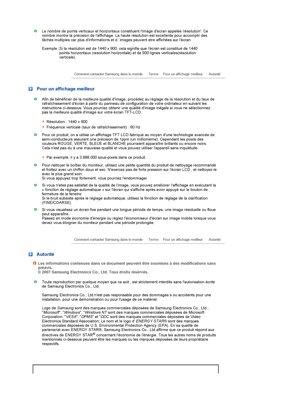 Samsung LS19PFGDFV/EDC manual Pour un affichage meilleur, Autorité 