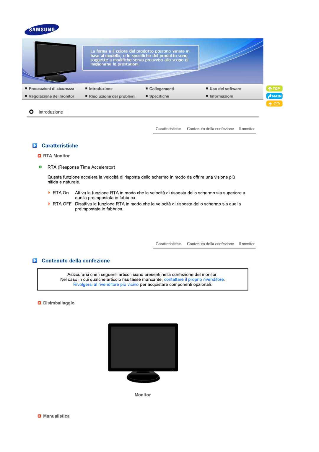 Samsung LS19PFGDFV/EDC manual Caratteristiche, Contenuto della confezione, RTA Monitor, Disimballaggio Monitor Manualistica 