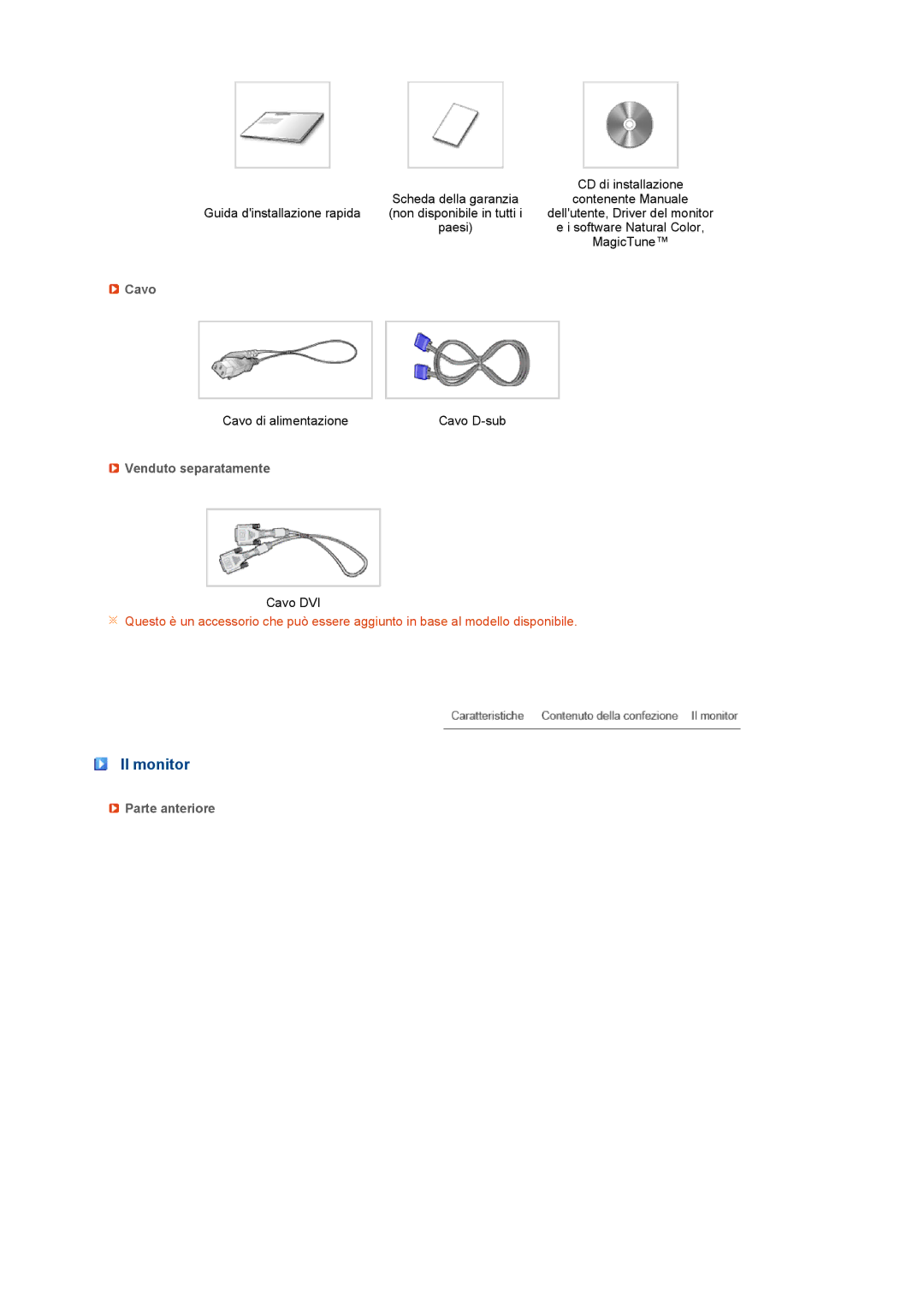 Samsung LS19PFGDFV/EDC manual Il monitor, Cavo, Venduto separatamente, Parte anteriore 