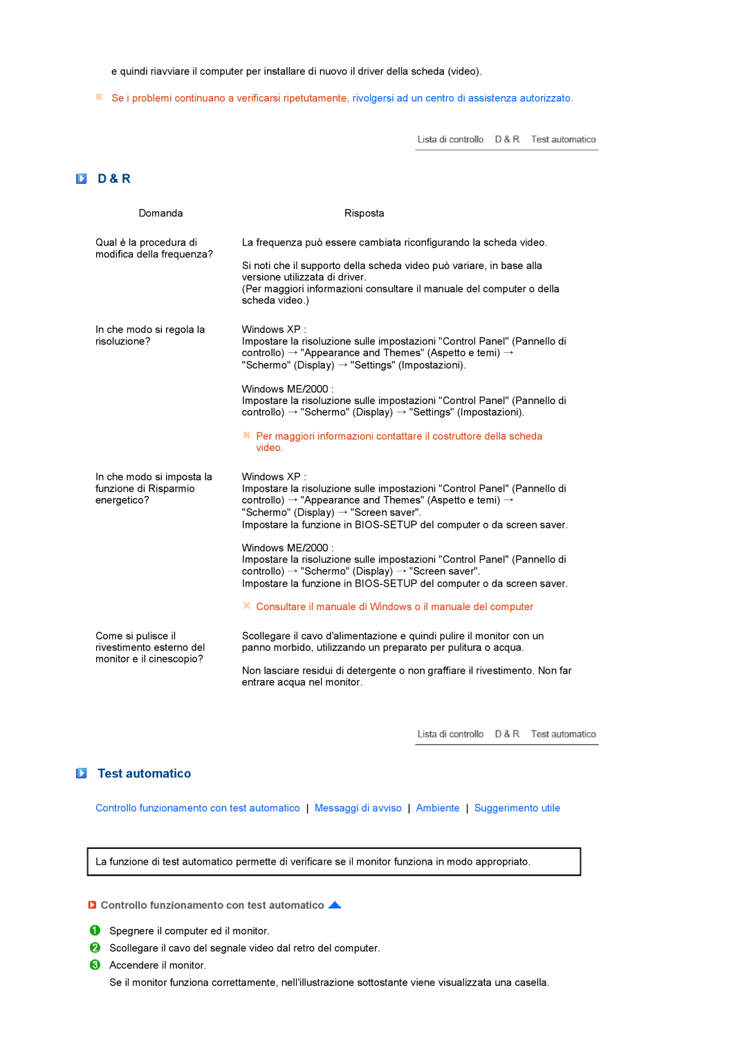 Samsung LS19PFGDFV/EDC manual Test automatico, Controllo funzionamento con test automatico 