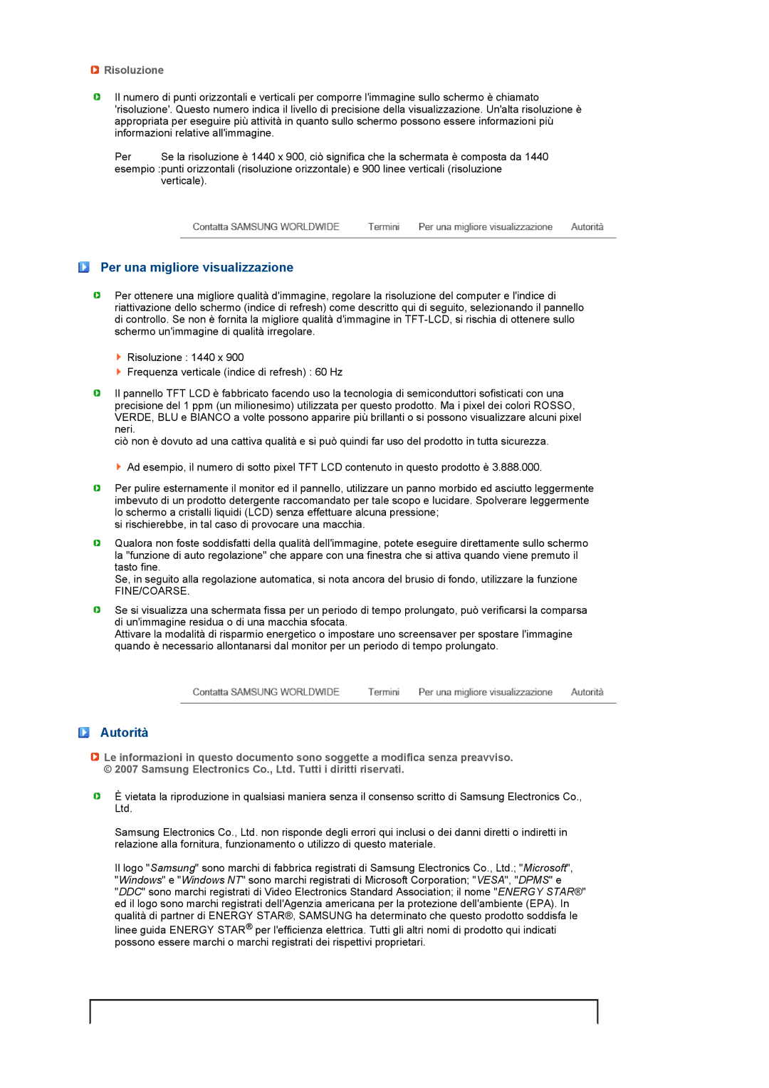 Samsung LS19PFGDFV/EDC manual Per una migliore visualizzazione, Autorità, Risoluzione 