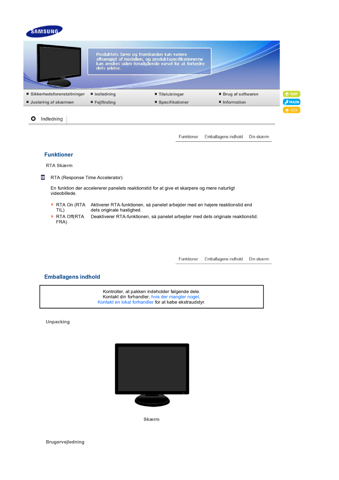 Samsung LS19PFGDFV/EDC manual Funktioner, Emballagens indhold, RTA Skærm, Unpacking Skærm Brugervejledning 