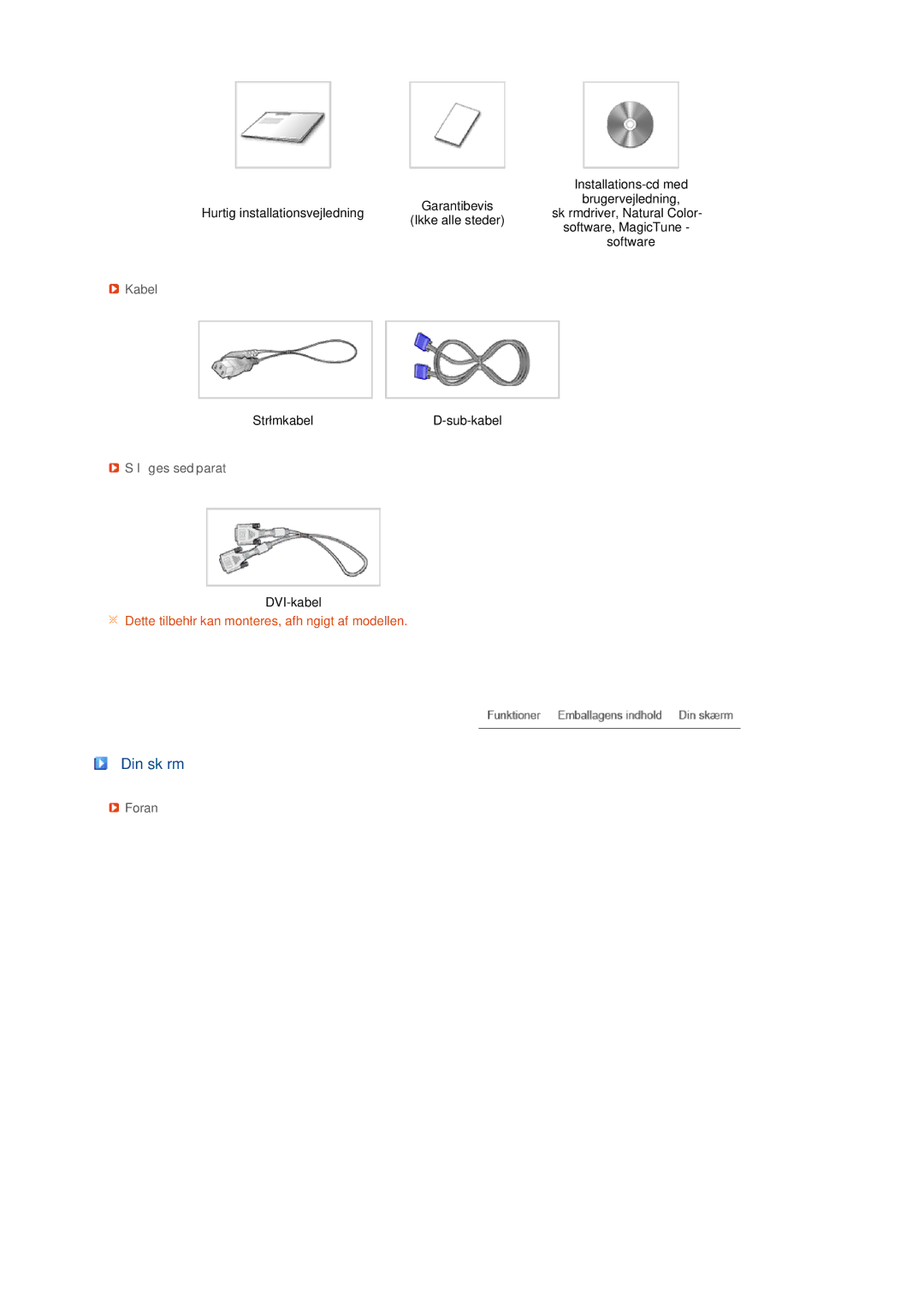 Samsung LS19PFGDFV/EDC manual Din skærm, Kabel, Sælges sedparat, Foran 