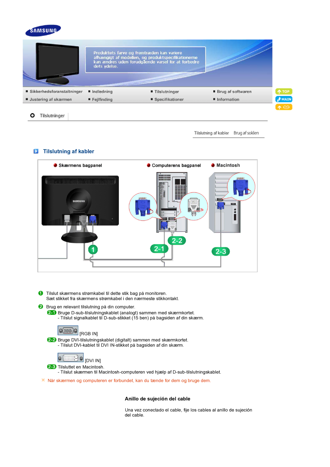 Samsung LS19PFGDFV/EDC manual Tilslutning af kabler 