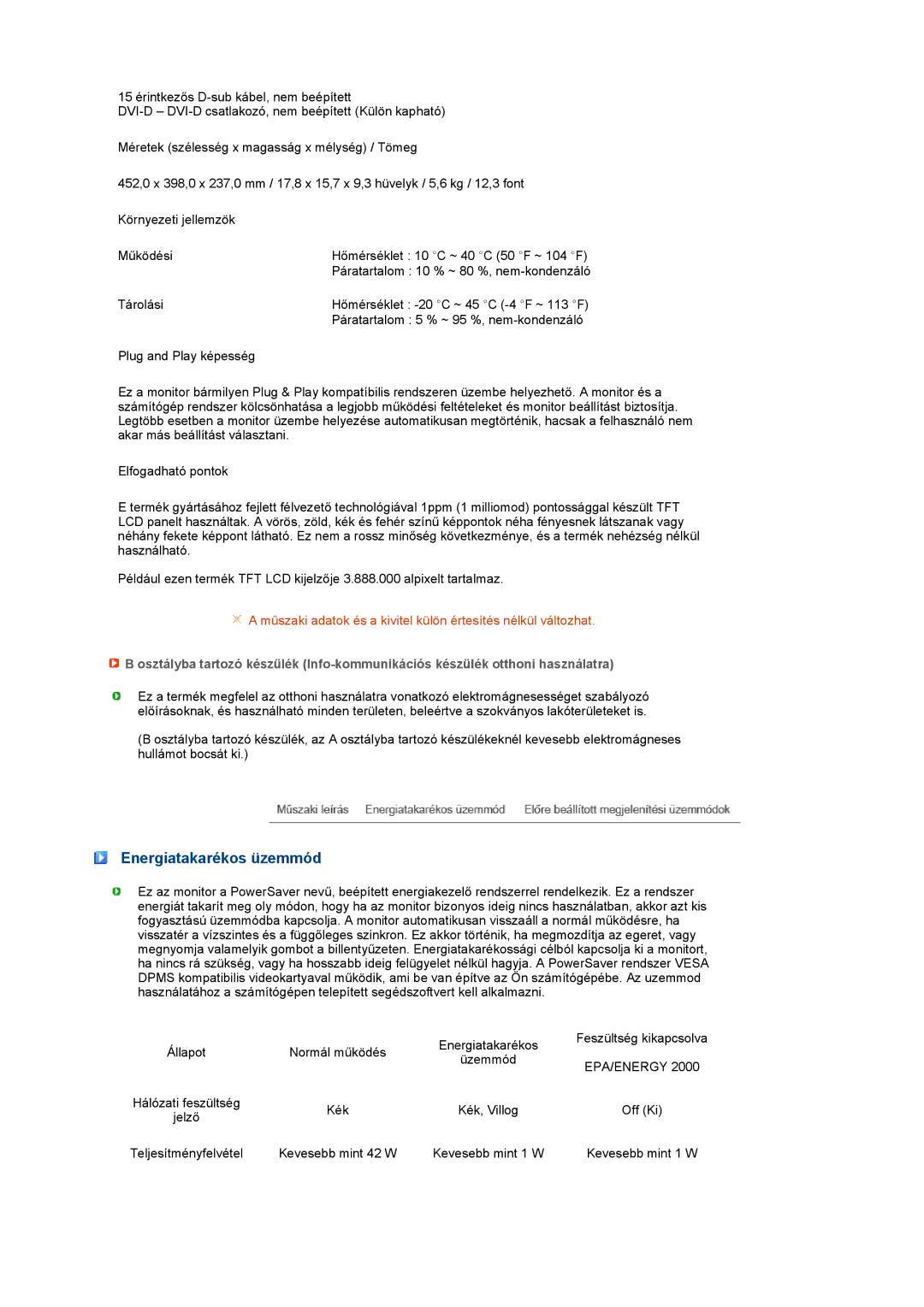 Samsung LS19PFGDFV/EDC manual Energiatakarékos üzemmód, Epa/Energy 