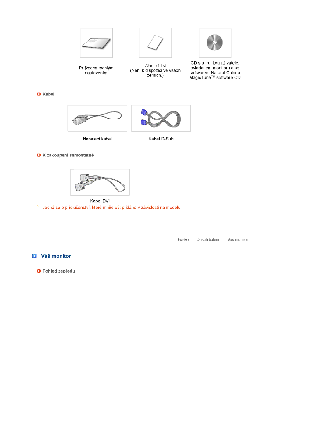 Samsung LS19PFGDFV/EDC manual Váš monitor, Kabel, Zakoupení samostatně, Pohled zepředu 