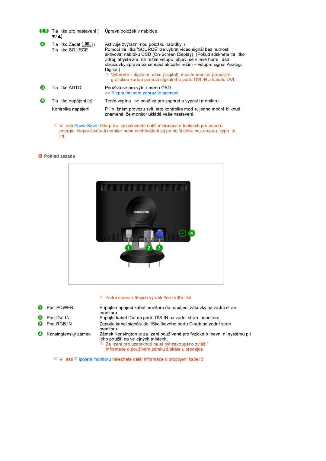 Samsung LS19PFGDFV/EDC manual Pohled zezadu, Zadní strana různých výrobků se může lišit 