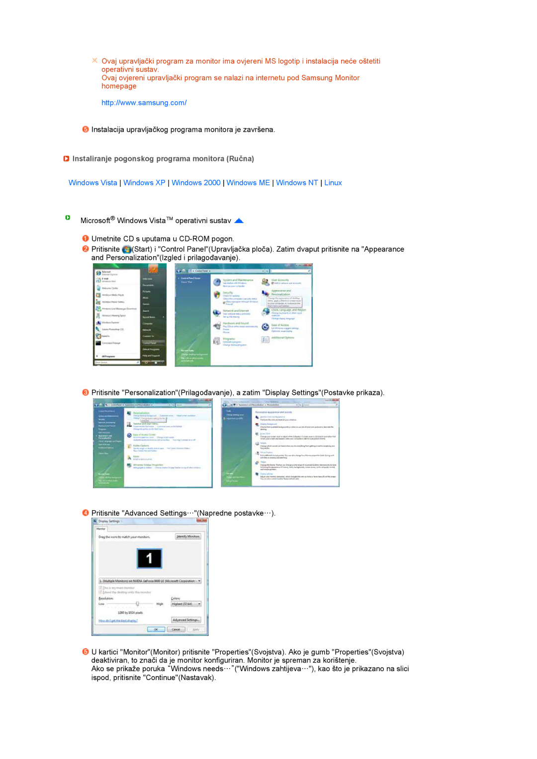 Samsung LS19PFGDFV/EDC manual Instaliranje pogonskog programa monitora Ručna 