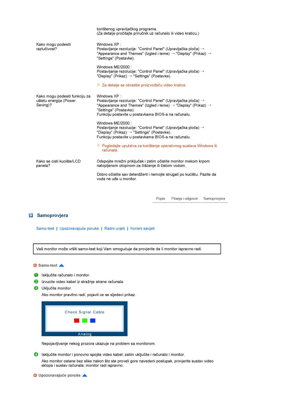 Samsung LS19PFGDFV/EDC manual Samoprovjera, Samo-test, Upozoravajuće poruke 