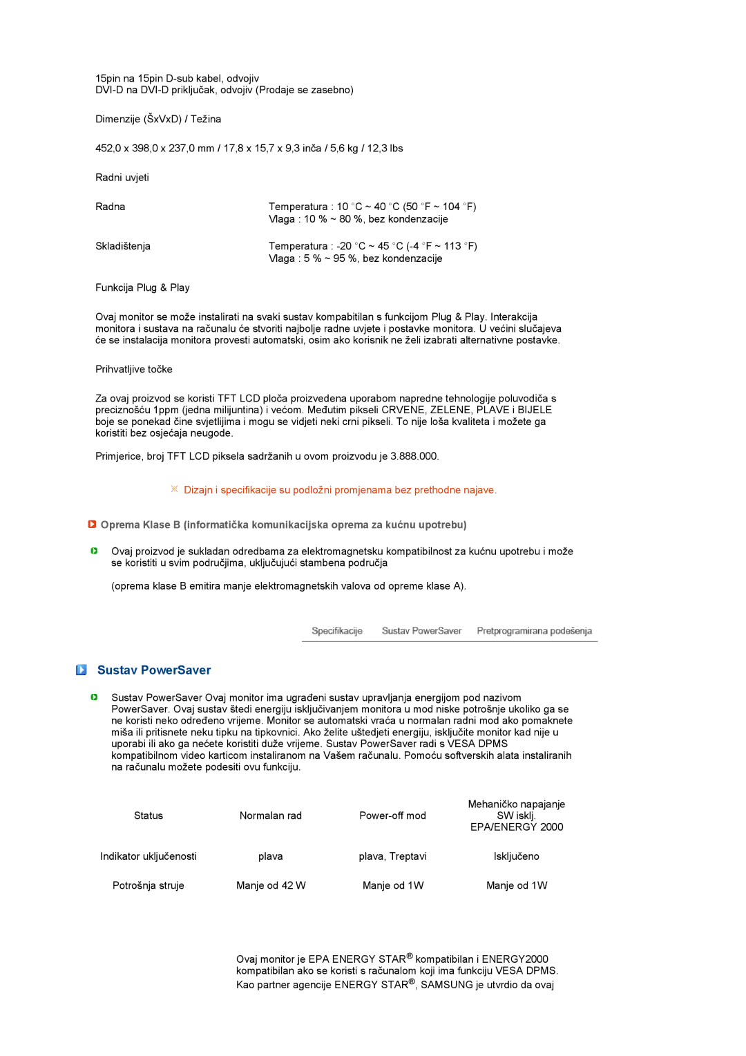 Samsung LS19PFGDFV/EDC manual Sustav PowerSaver, Epa/Energy 