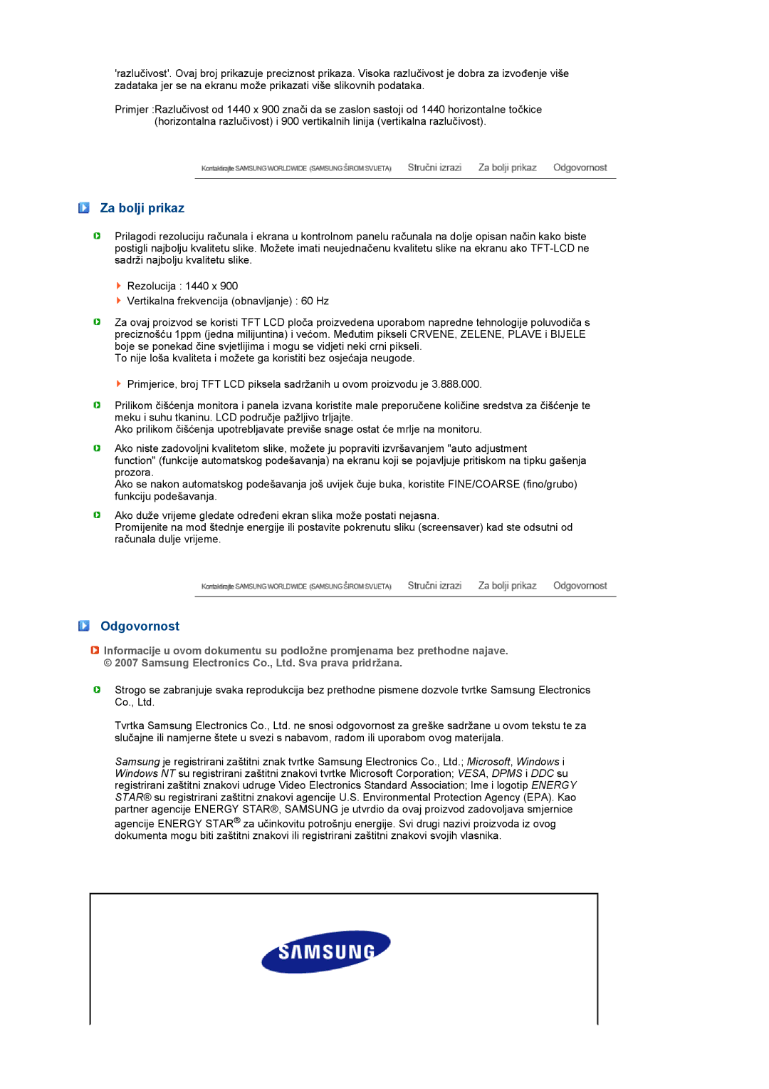 Samsung LS19PFGDFV/EDC manual Za bolji prikaz, Odgovornost 