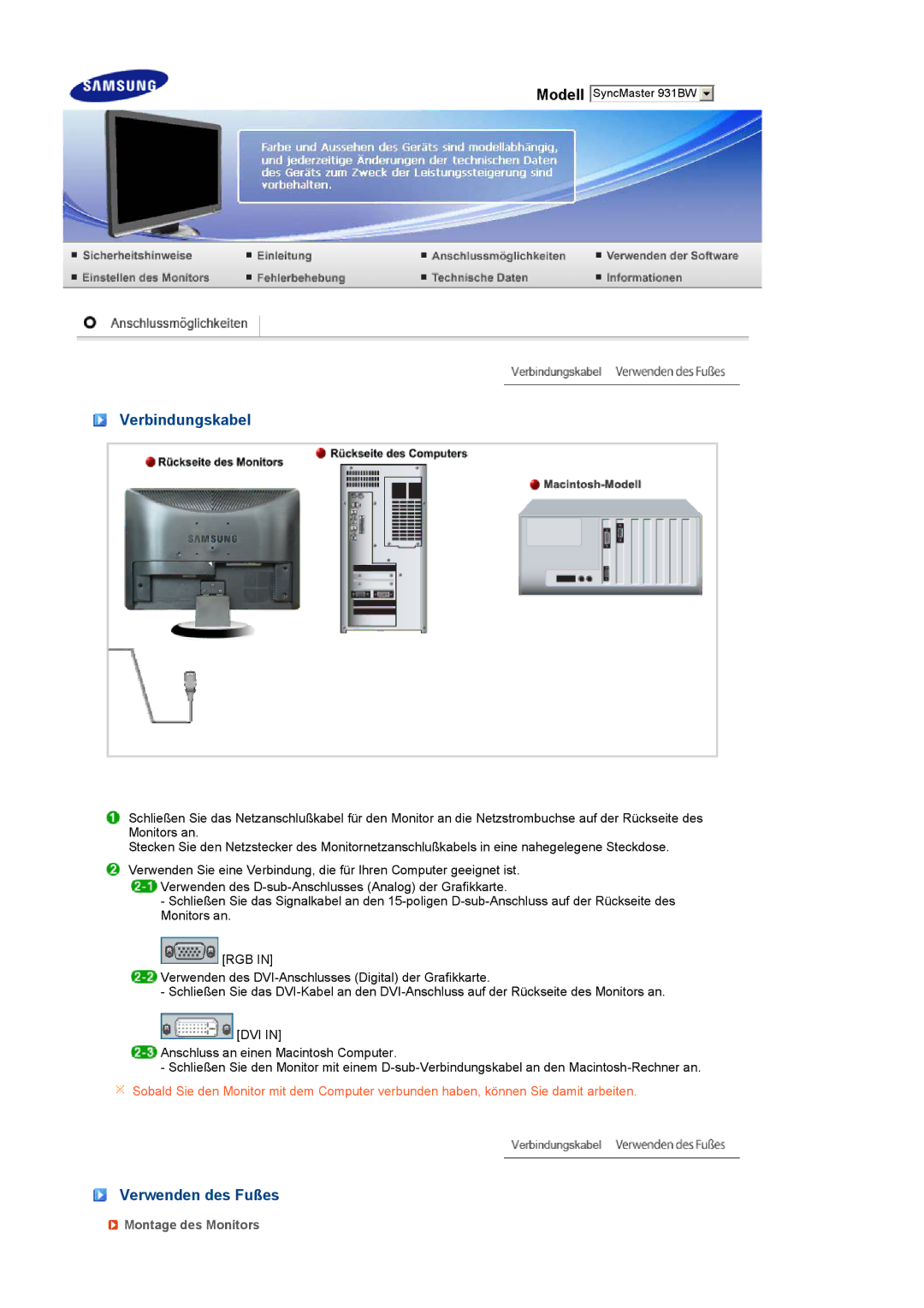 Samsung LS19MEWSFV/EDC, LS19PFWDFV/EDC manual Verbindungskabel, Verwenden des Fußes, Montage des Monitors 