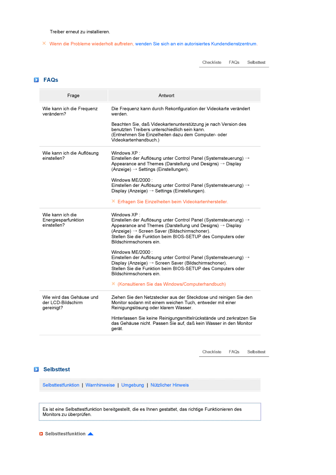 Samsung LS19MEWSFV/EDC, LS19PFWDFV/EDC manual FAQs, Selbsttestfunktion 