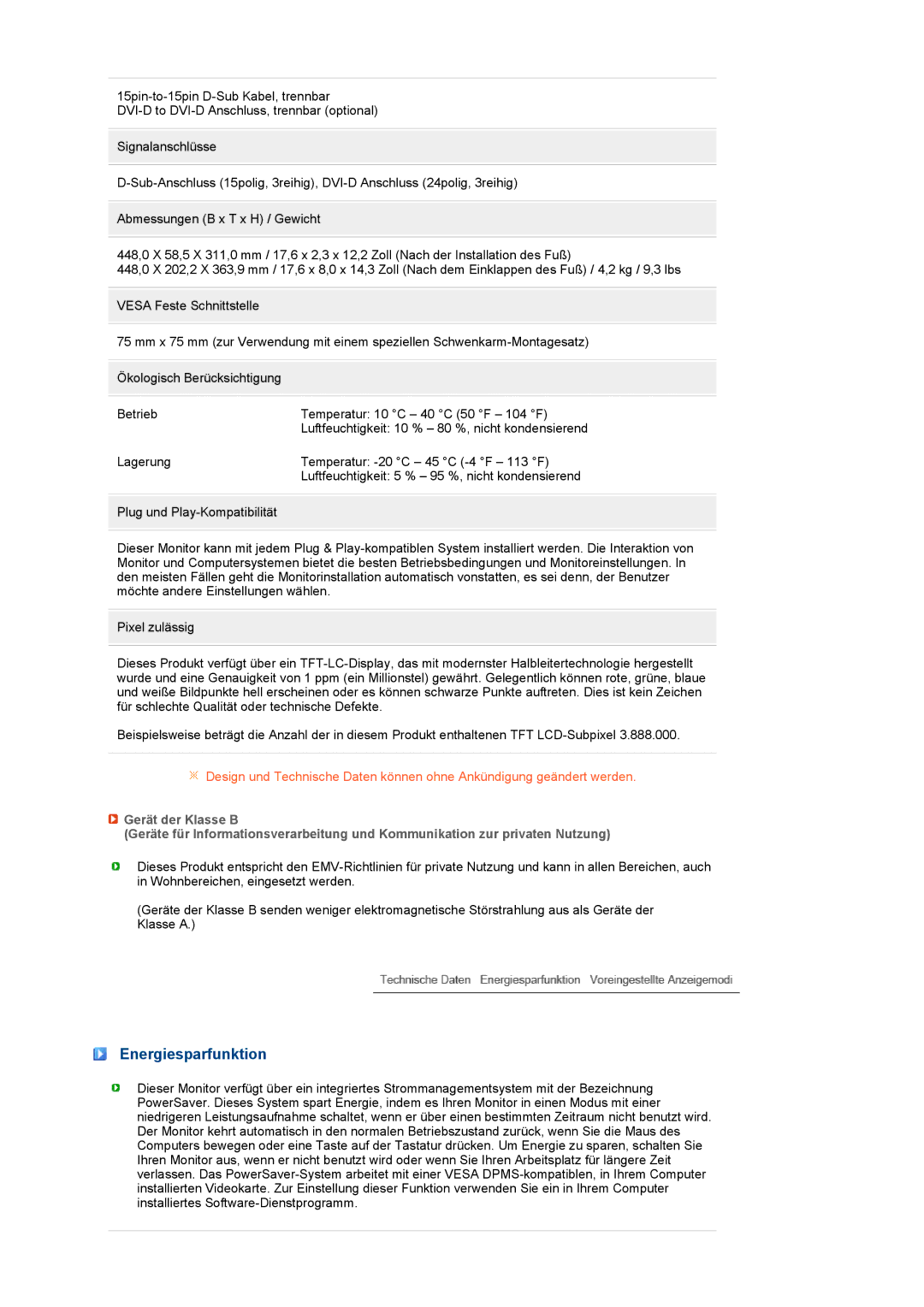 Samsung LS19PFWDFV/EDC, LS19MEWSFV/EDC manual Energiesparfunktion 