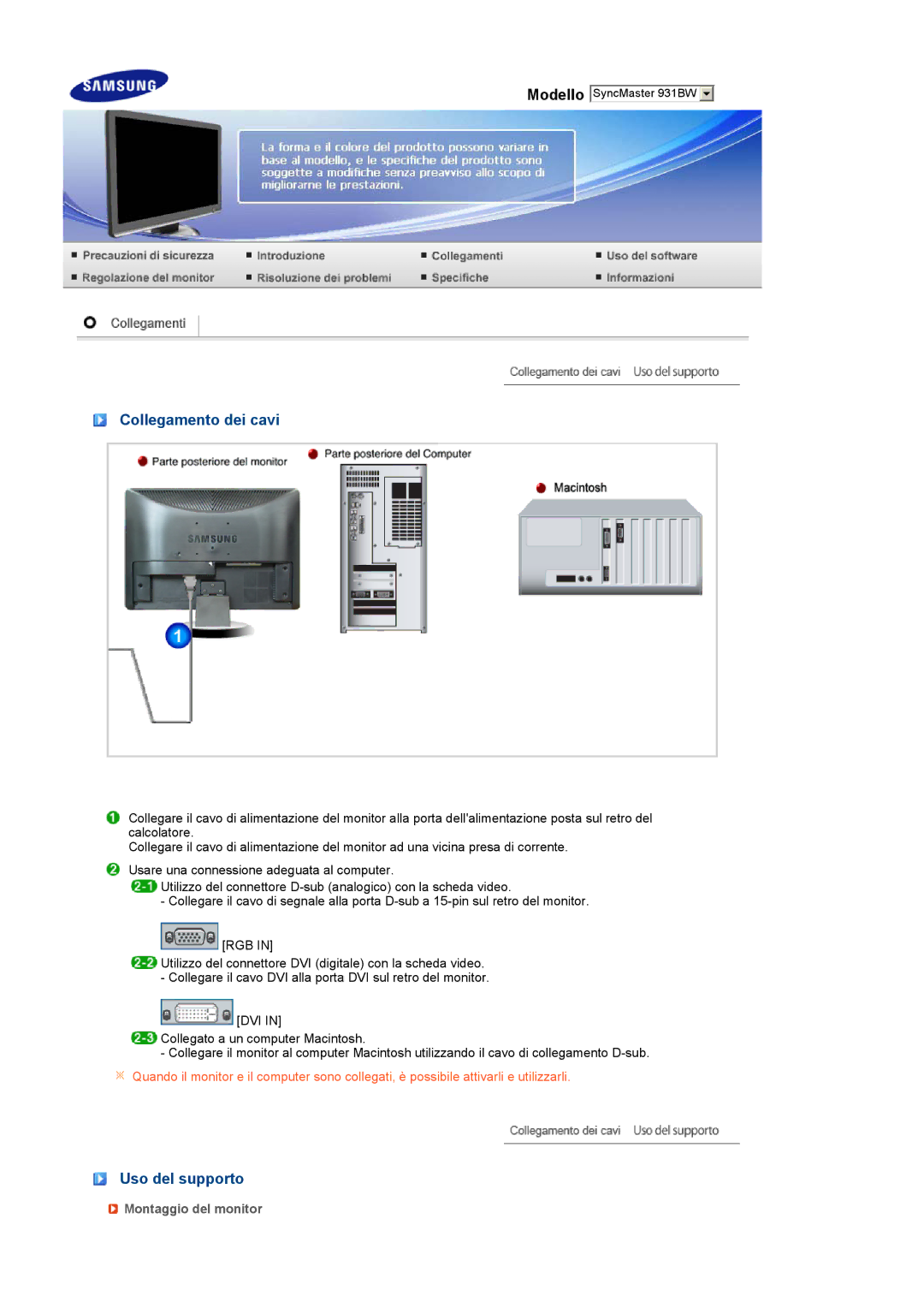 Samsung LS19MEWSFV/EDC, LS19PFWDFV/EDC manual Collegamento dei cavi, Uso del supporto, Montaggio del monitor 