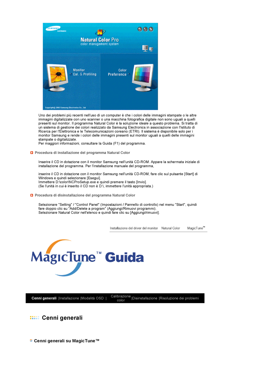 Samsung LS19PFWDFV/EDC, LS19MEWSFV/EDC Cenni generali su MagicTune, Procedura di installazione del programma Natural Color 