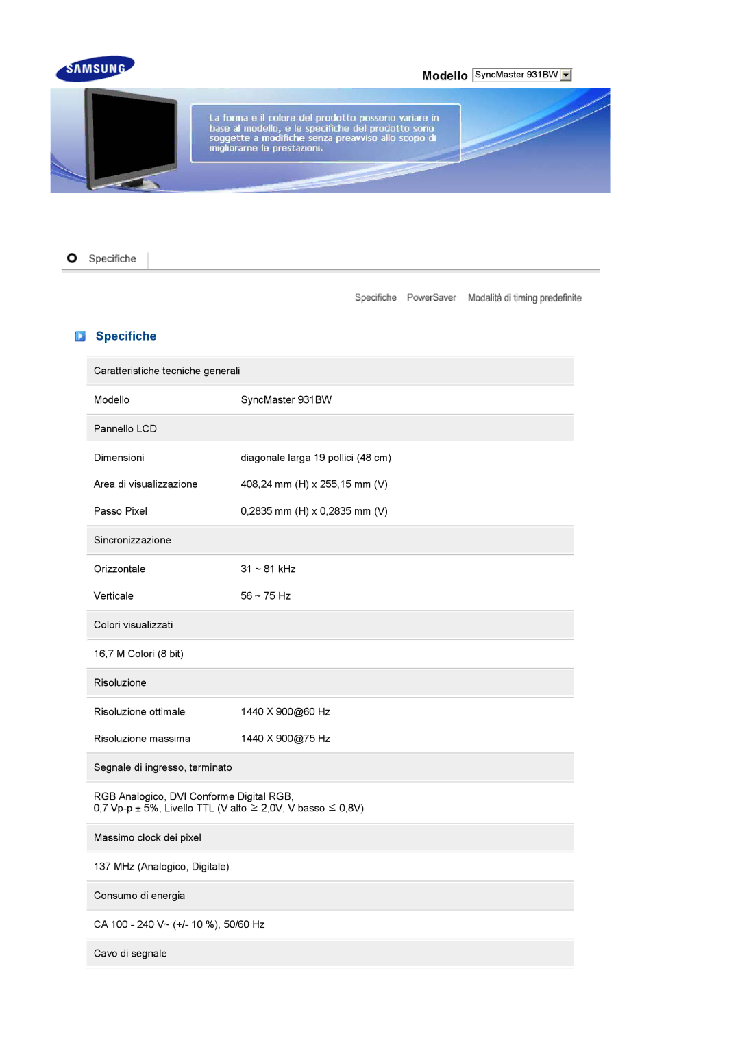 Samsung LS19PFWDFV/EDC, LS19MEWSFV/EDC manual Specifiche 