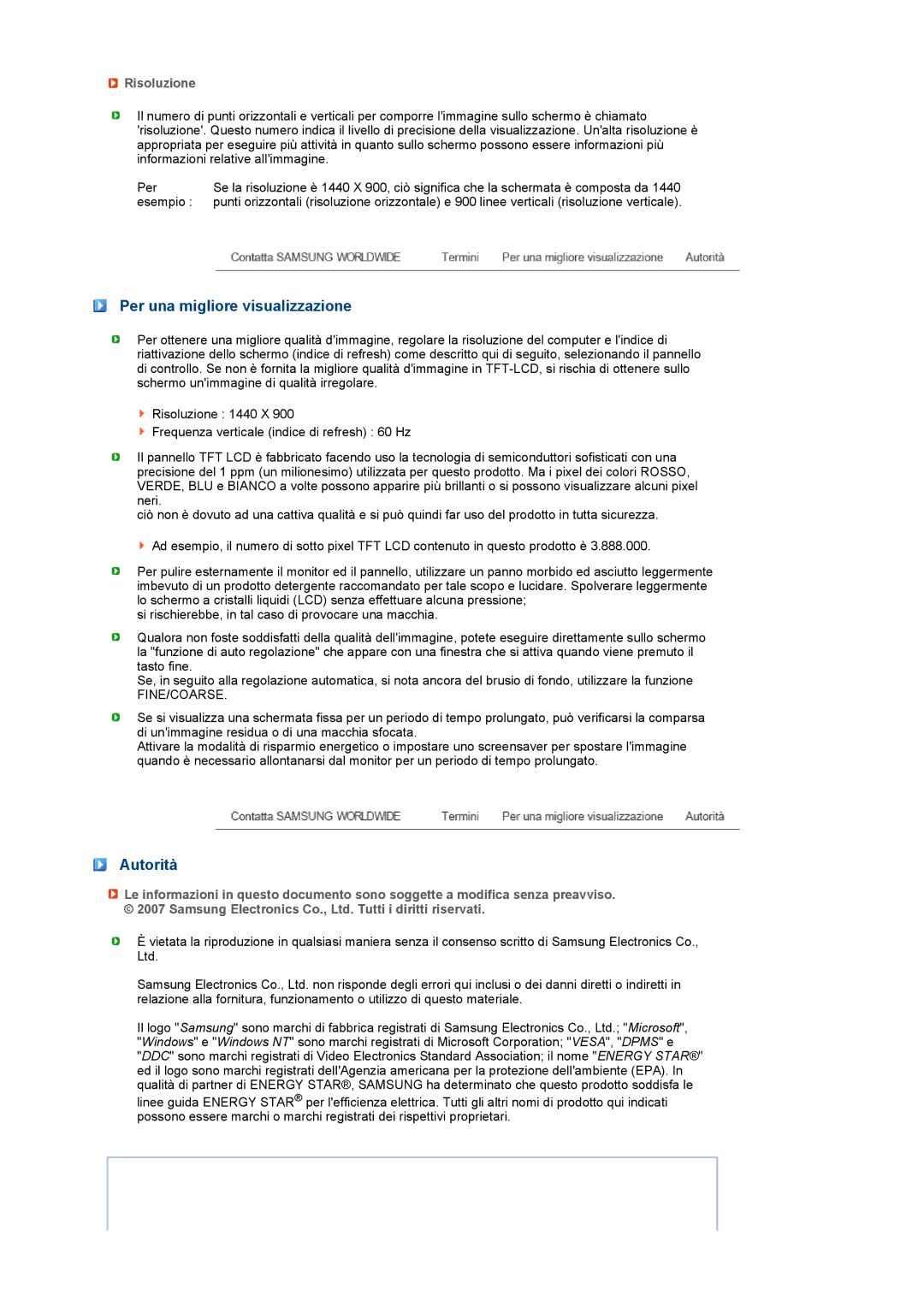 Samsung LS19MEWSFV/EDC, LS19PFWDFV/EDC manual Per una migliore visualizzazione, Autorità, Risoluzione 