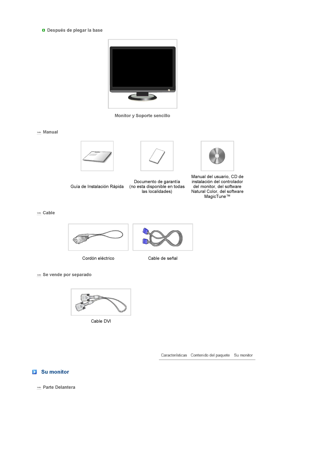 Samsung LS19PFWDFV/EDC Su monitor, Después de plegar la base Monitor y Soporte sencillo Manual, Cable, Parte Delantera 