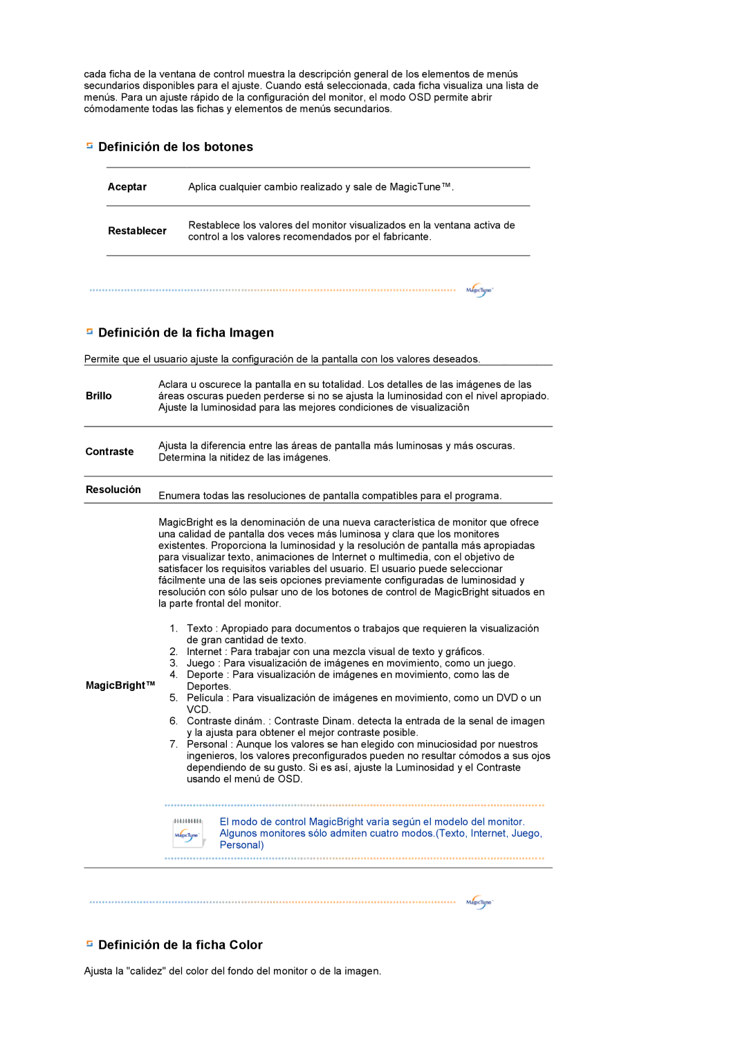 Samsung LS19MEWSFV/EDC, LS19PFWDFV/EDC manual Aceptar, Restablecer, Contraste, Resolución, MagicBright Deportes 