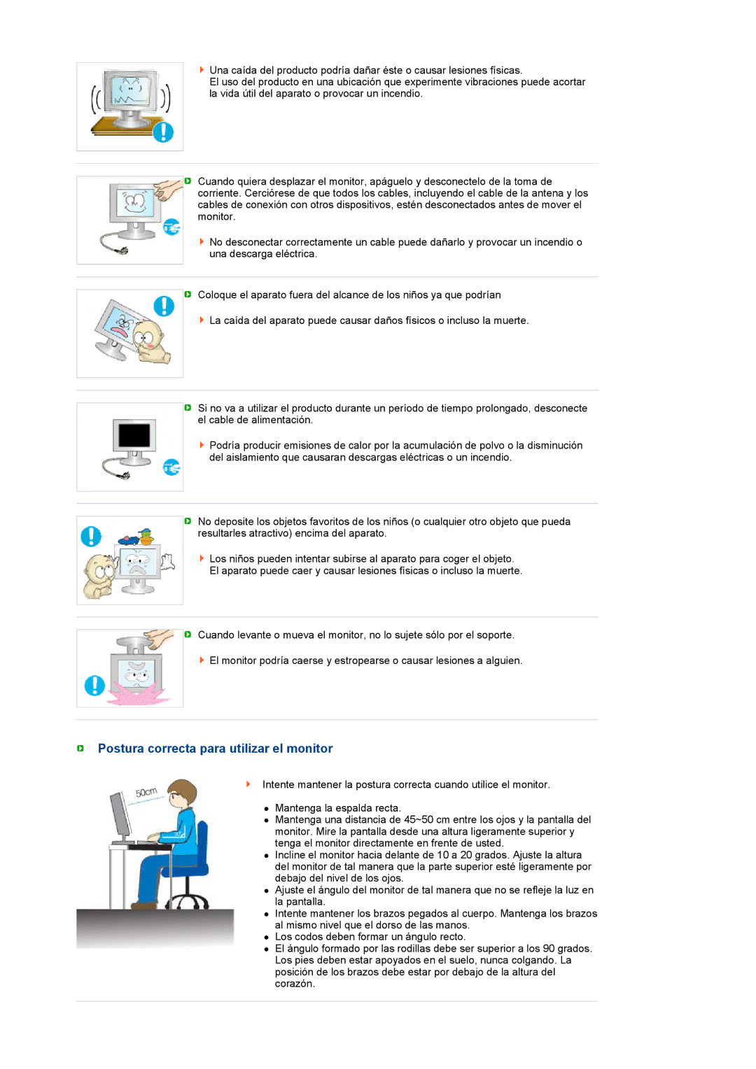 Samsung LS19MEWSFV/EDC, LS19PFWDFV/EDC manual Postura correcta para utilizar el monitor 