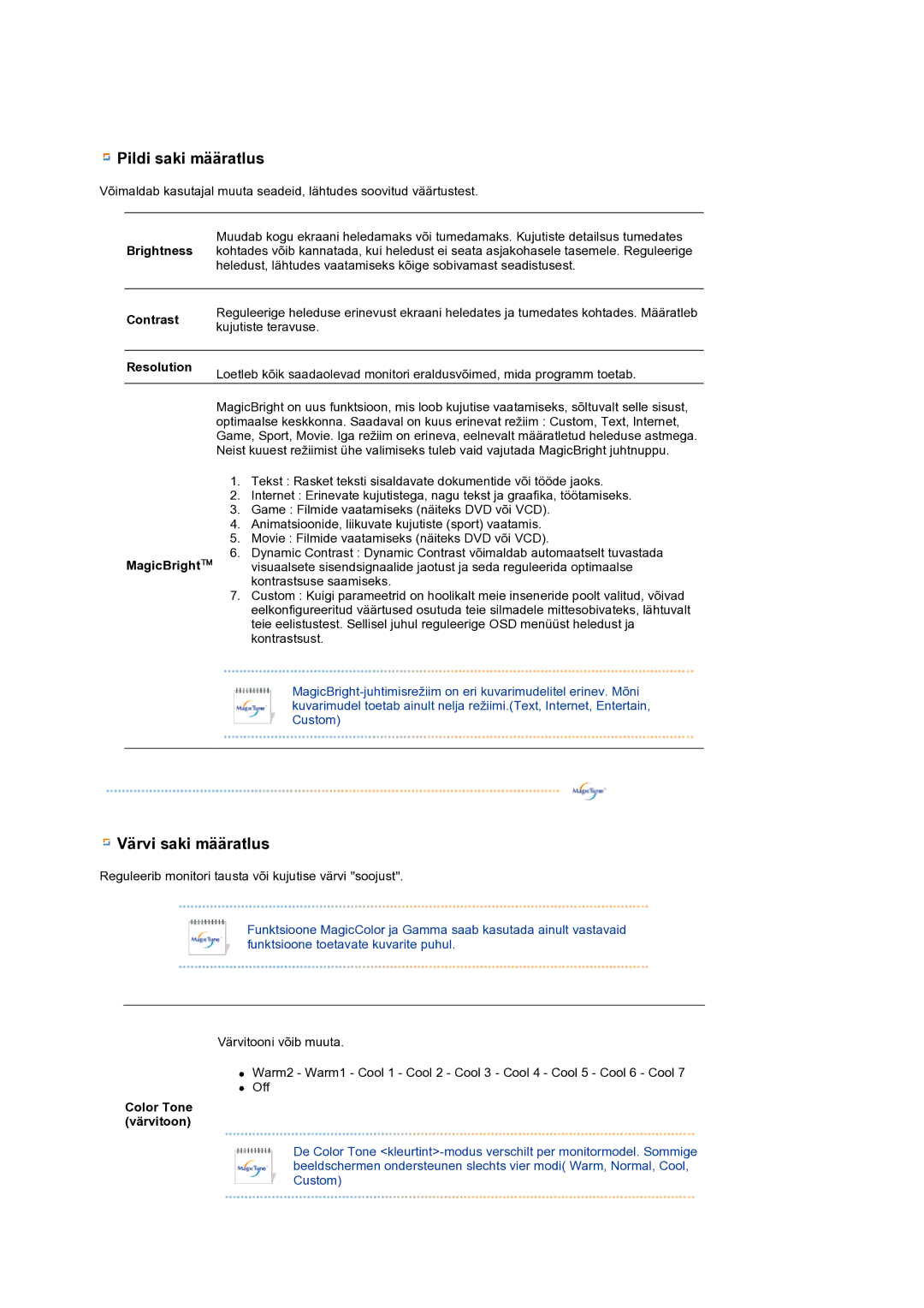 Samsung LS19MEWSFV/EDC, LS19PFWDFV/EDC manual Pildi saki määratlus, Värvi saki määratlus 