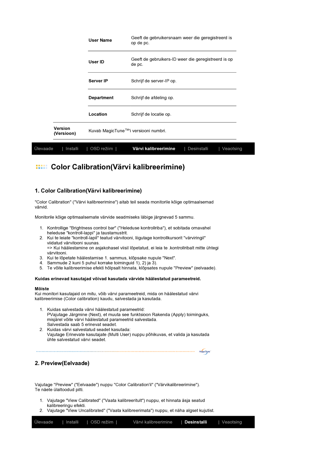 Samsung LS19MEWSFV/EDC, LS19PFWDFV/EDC manual Color CalibrationVärvi kalibreerimine, PreviewEelvaade 