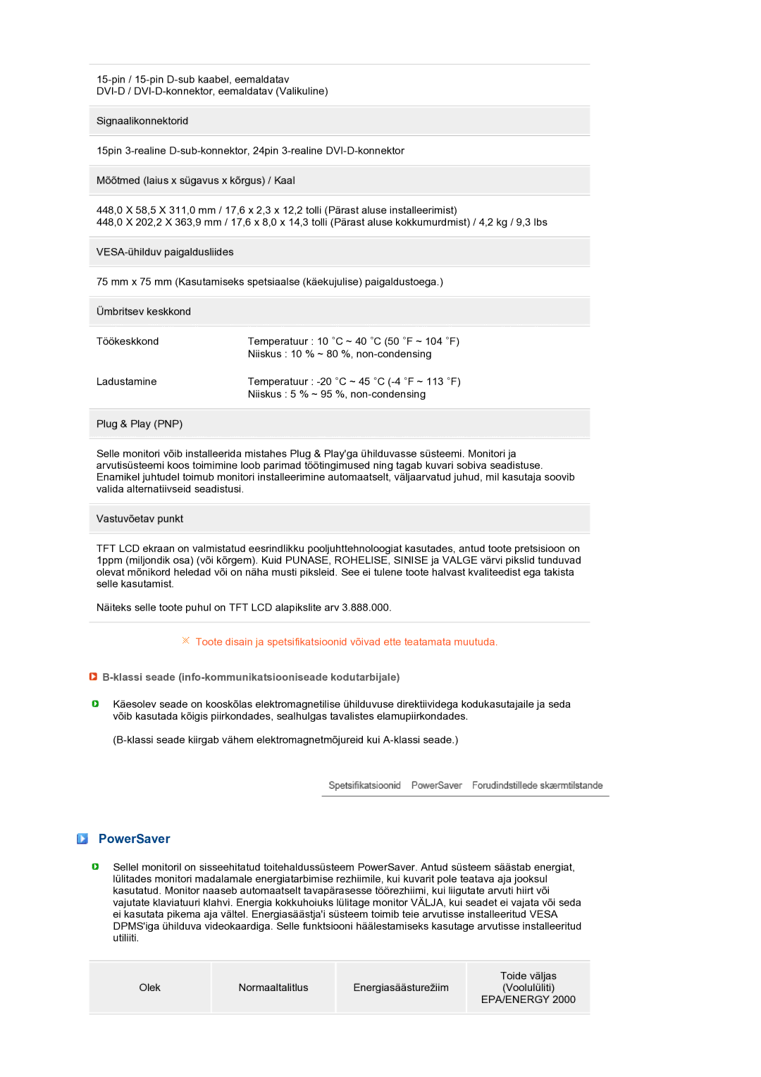 Samsung LS19PFWDFV/EDC, LS19MEWSFV/EDC manual PowerSaver, Klassi seade info-kommunikatsiooniseade kodutarbijale 