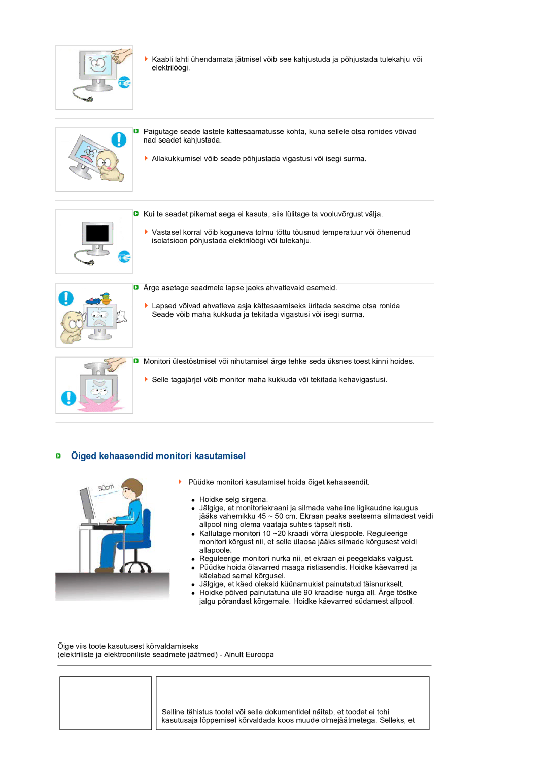 Samsung LS19MEWSFV/EDC, LS19PFWDFV/EDC manual Õiged kehaasendid monitori kasutamisel 