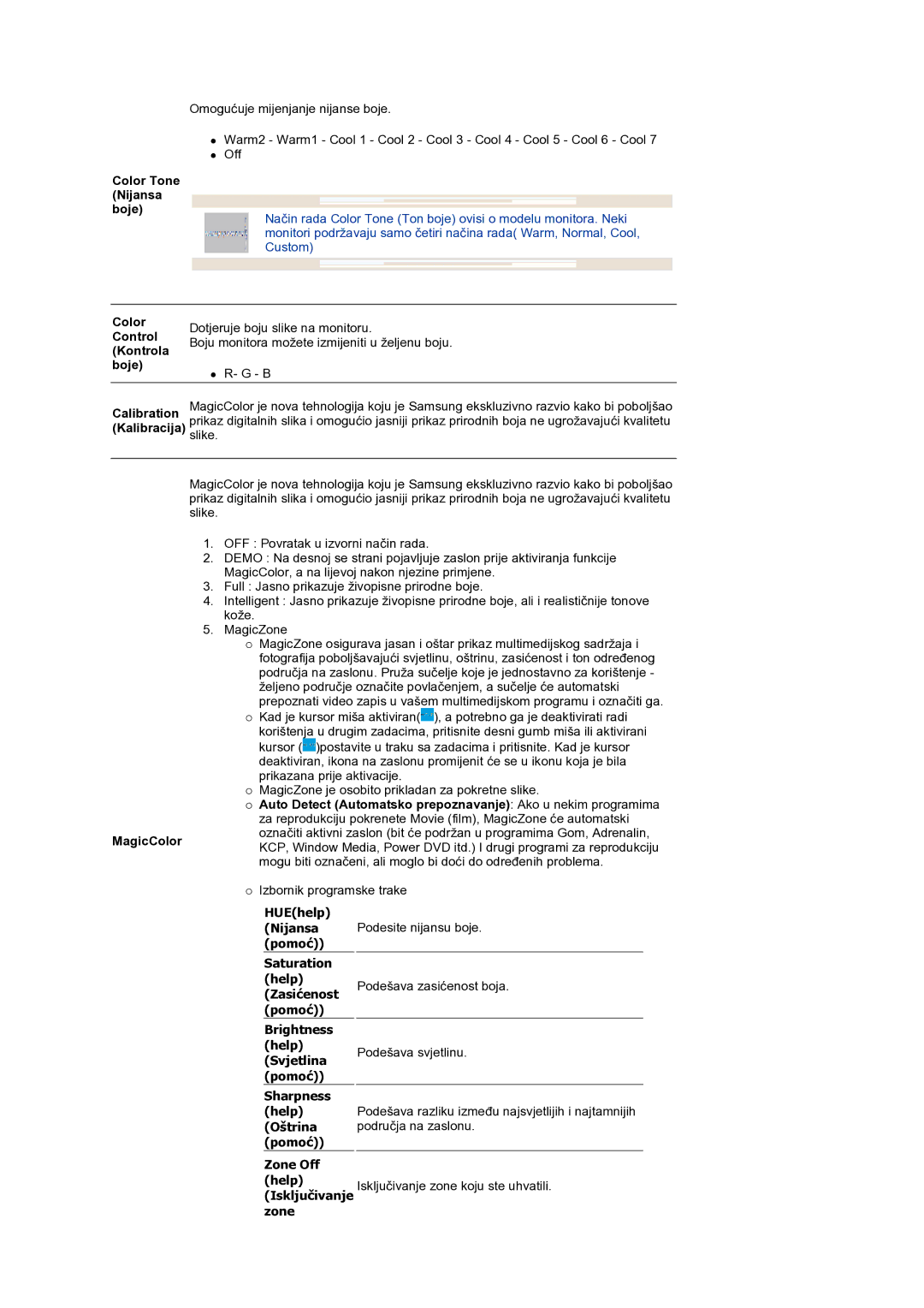 Samsung LS19MEWSFV/EDC, LS19PFWDFV/EDC manual HUEhelp Nijansa pomoć 