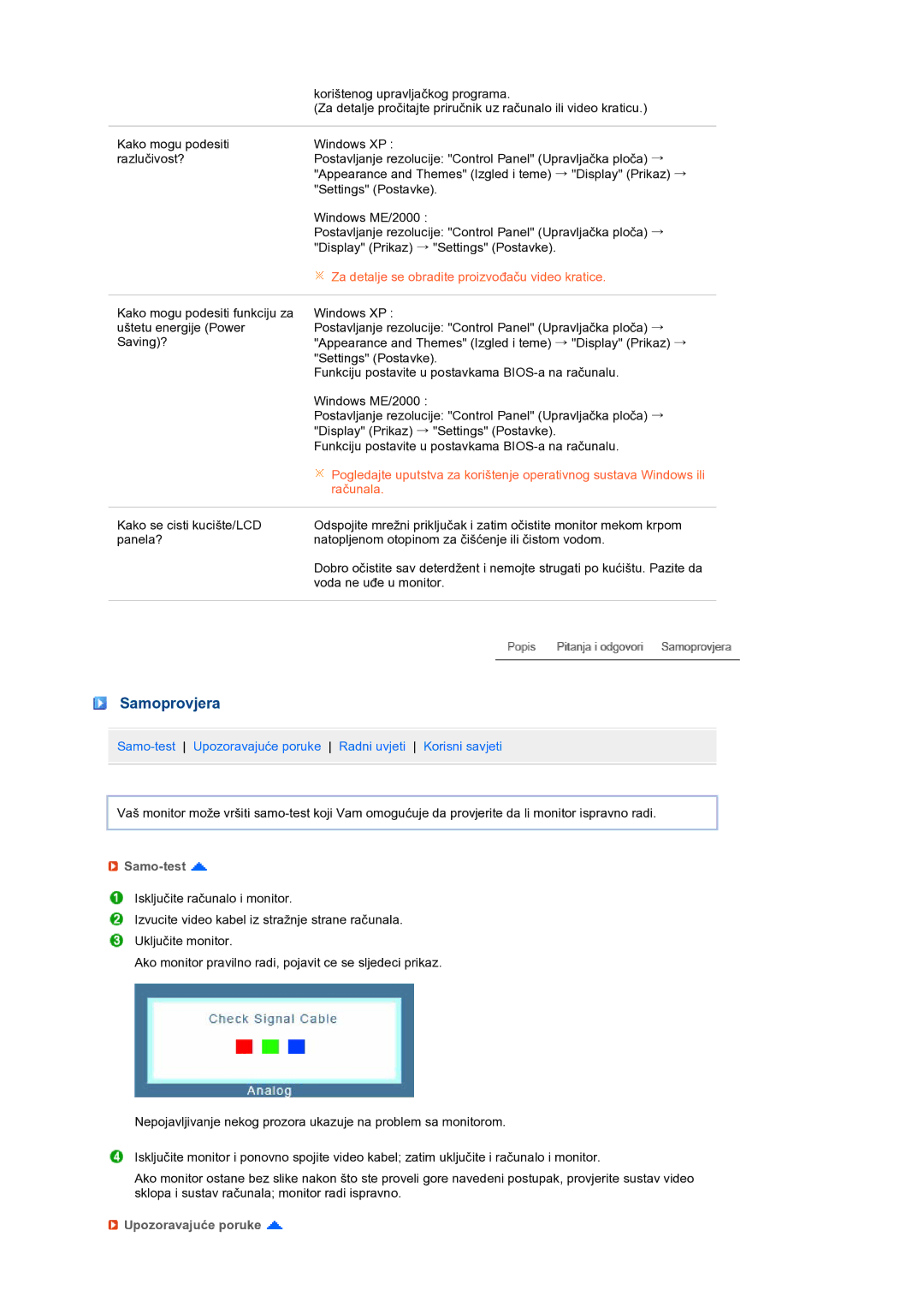 Samsung LS19MEWSFV/EDC, LS19PFWDFV/EDC manual Samoprovjera, Samo-test, Upozoravajuće poruke 