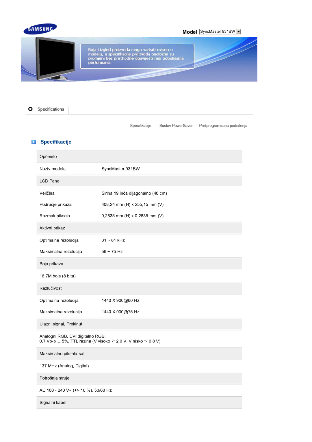 Samsung LS19MEWSFV/EDC, LS19PFWDFV/EDC manual Specifikacije 