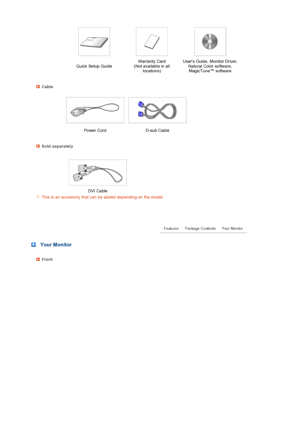 Samsung LS19PFWDFV/EDC manual Your Monitor, Cable, Sold separately, Front 