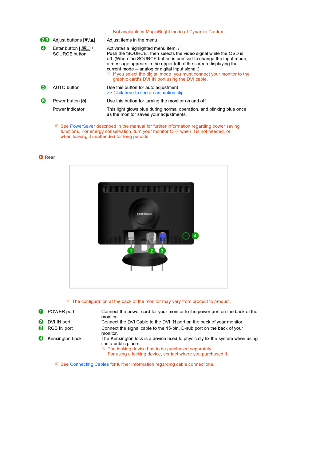 Samsung LS19PFWDFV/EDC manual Not available in MagicBright mode of Dynamic Contrast, Rear 