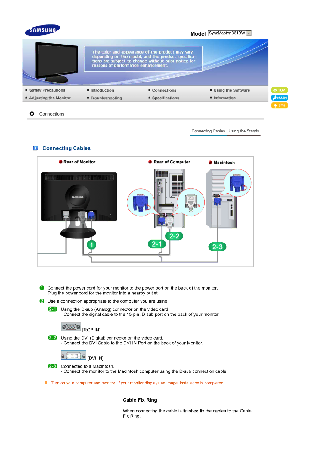 Samsung LS19PFWDFV/EDC manual Connecting Cables 