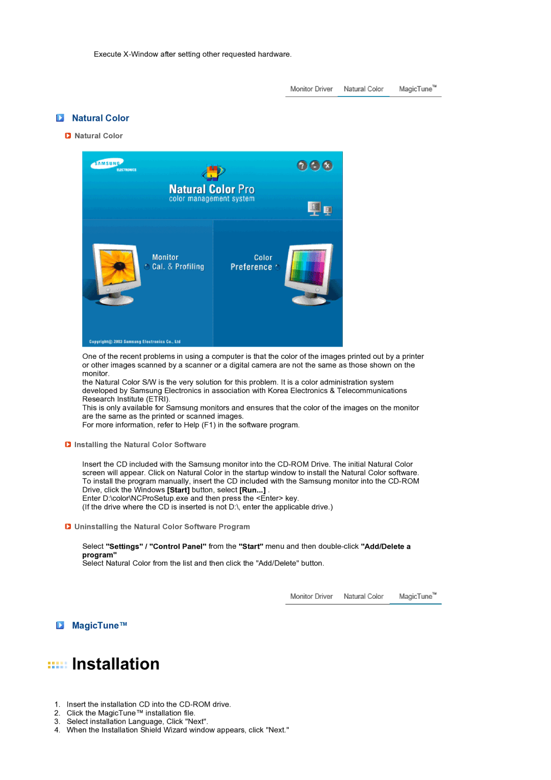 Samsung LS19PFWDFV/EDC manual MagicTune, Installing the Natural Color Software 