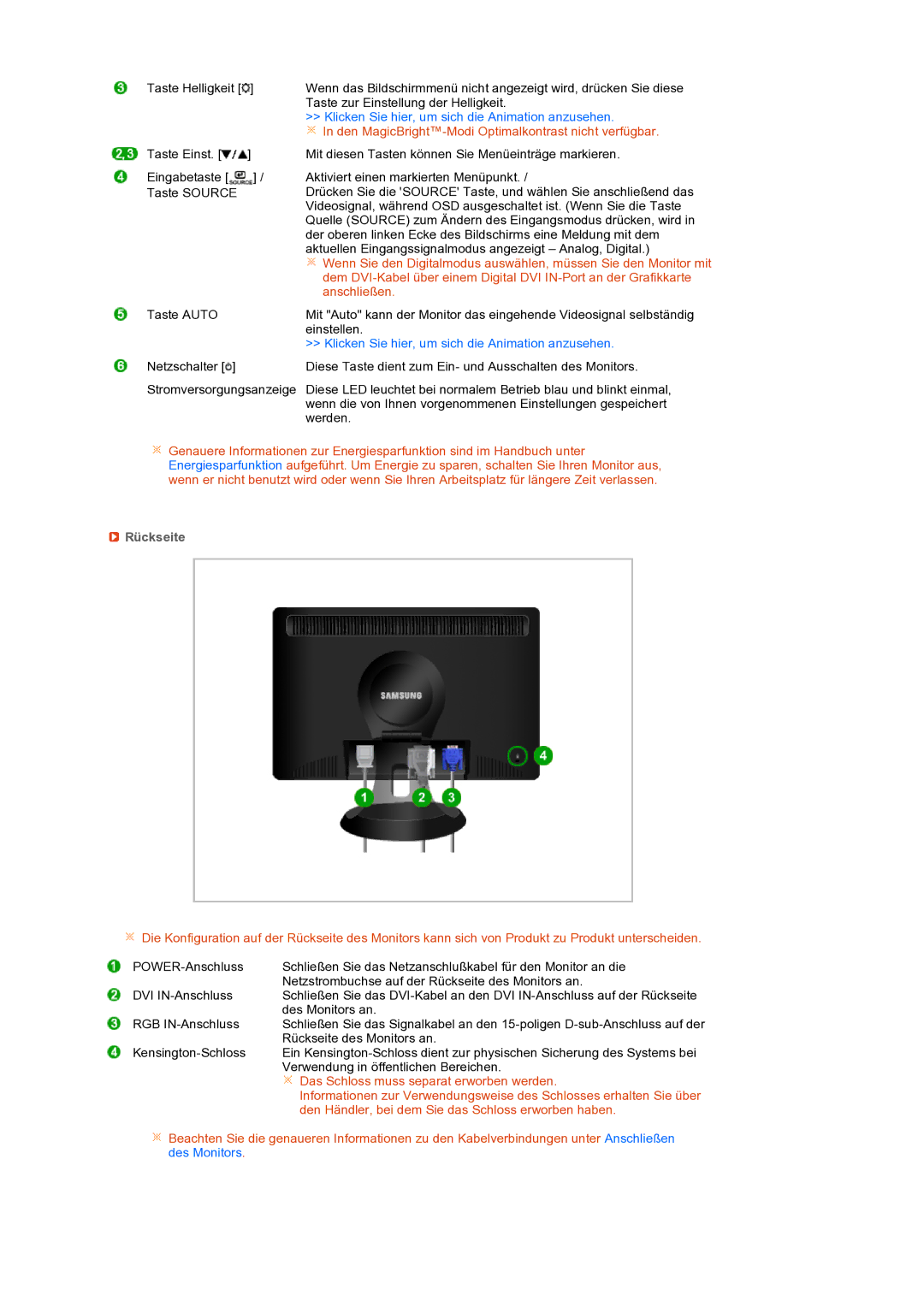 Samsung LS19PFWDFV/EDC manual Den MagicBright-Modi Optimalkontrast nicht verfügbar, Rückseite 