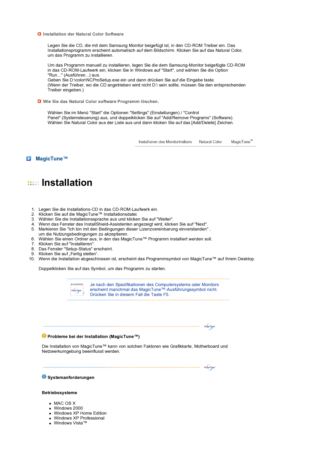 Samsung LS19PFWDFV/EDC manual MagicTune, Installation der Natural Color Software 