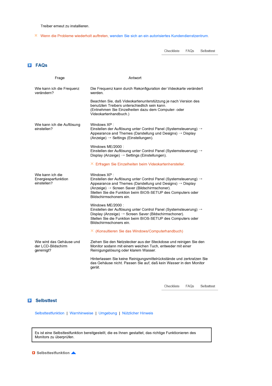 Samsung LS19PFWDFV/EDC manual FAQs, Selbsttestfunktion 