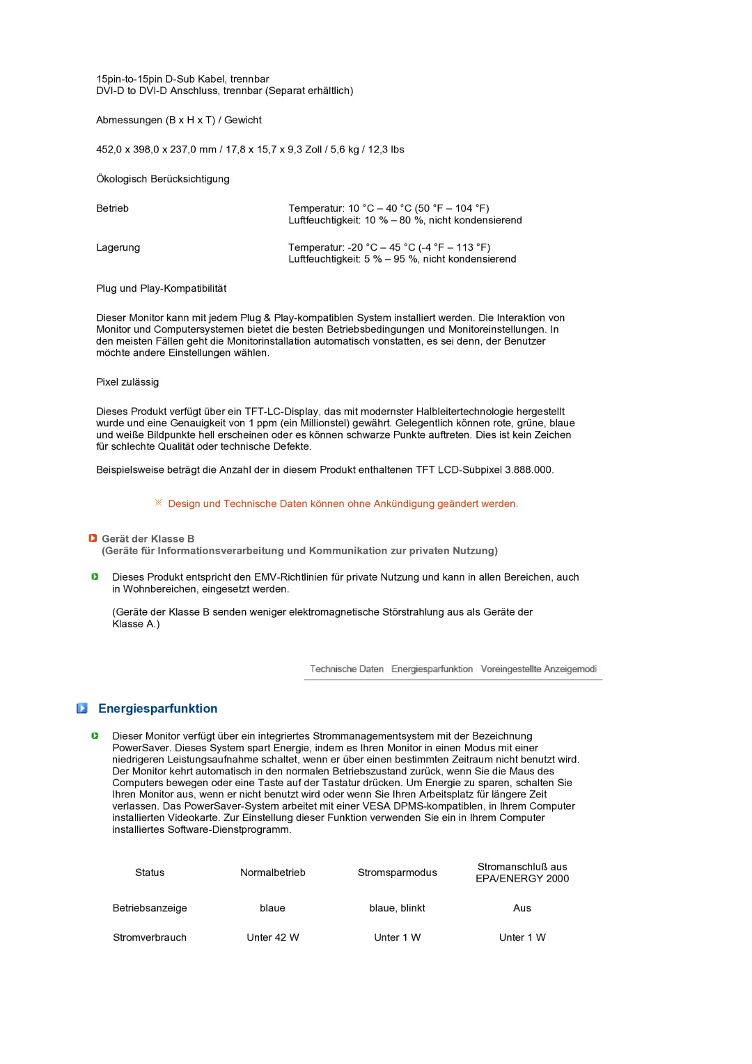 Samsung LS19PFWDFV/EDC manual Energiesparfunktion, Epa/Energy 