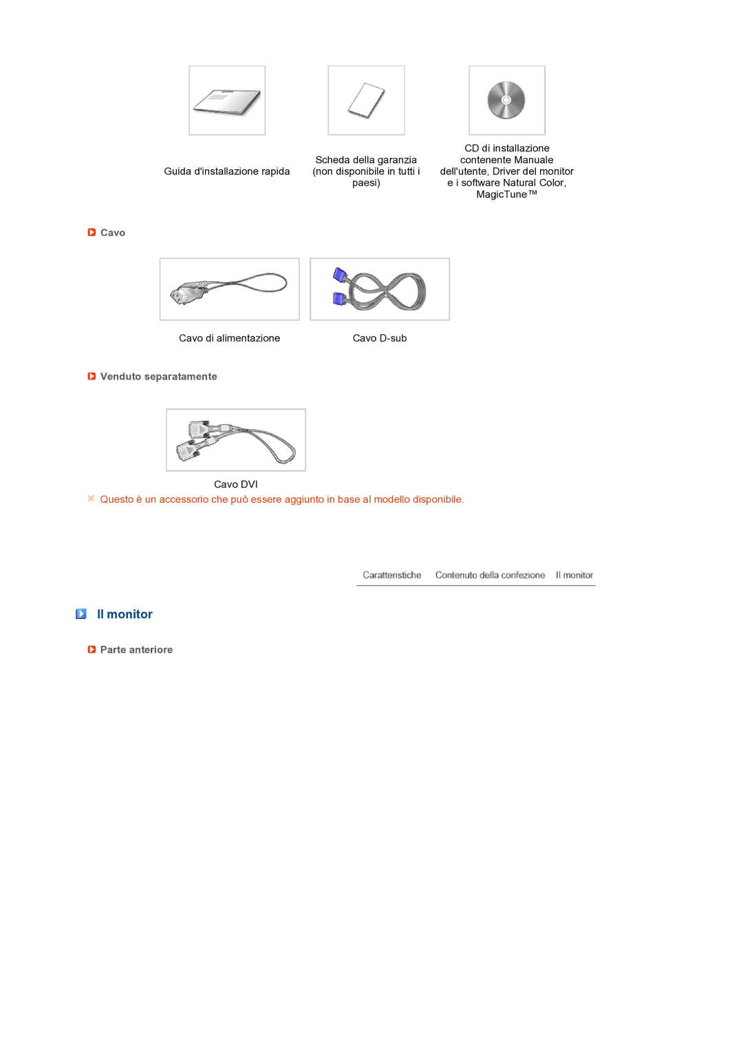 Samsung LS19PFWDFV/EDC manual Il monitor, Cavo, Venduto separatamente, Parte anteriore 