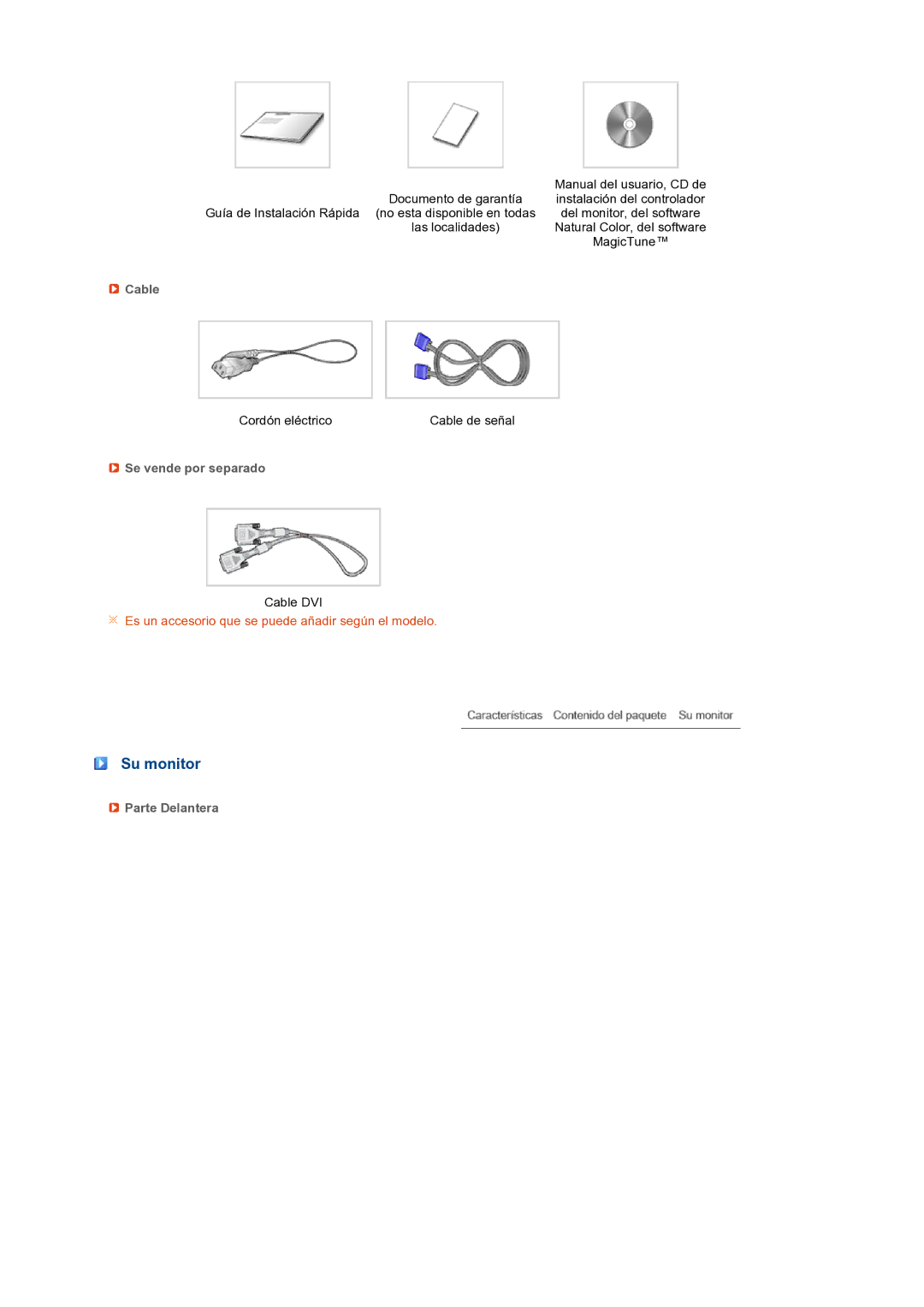 Samsung LS19PFWDFV/EDC manual Su monitor, Cable, Se vende por separado, Parte Delantera 