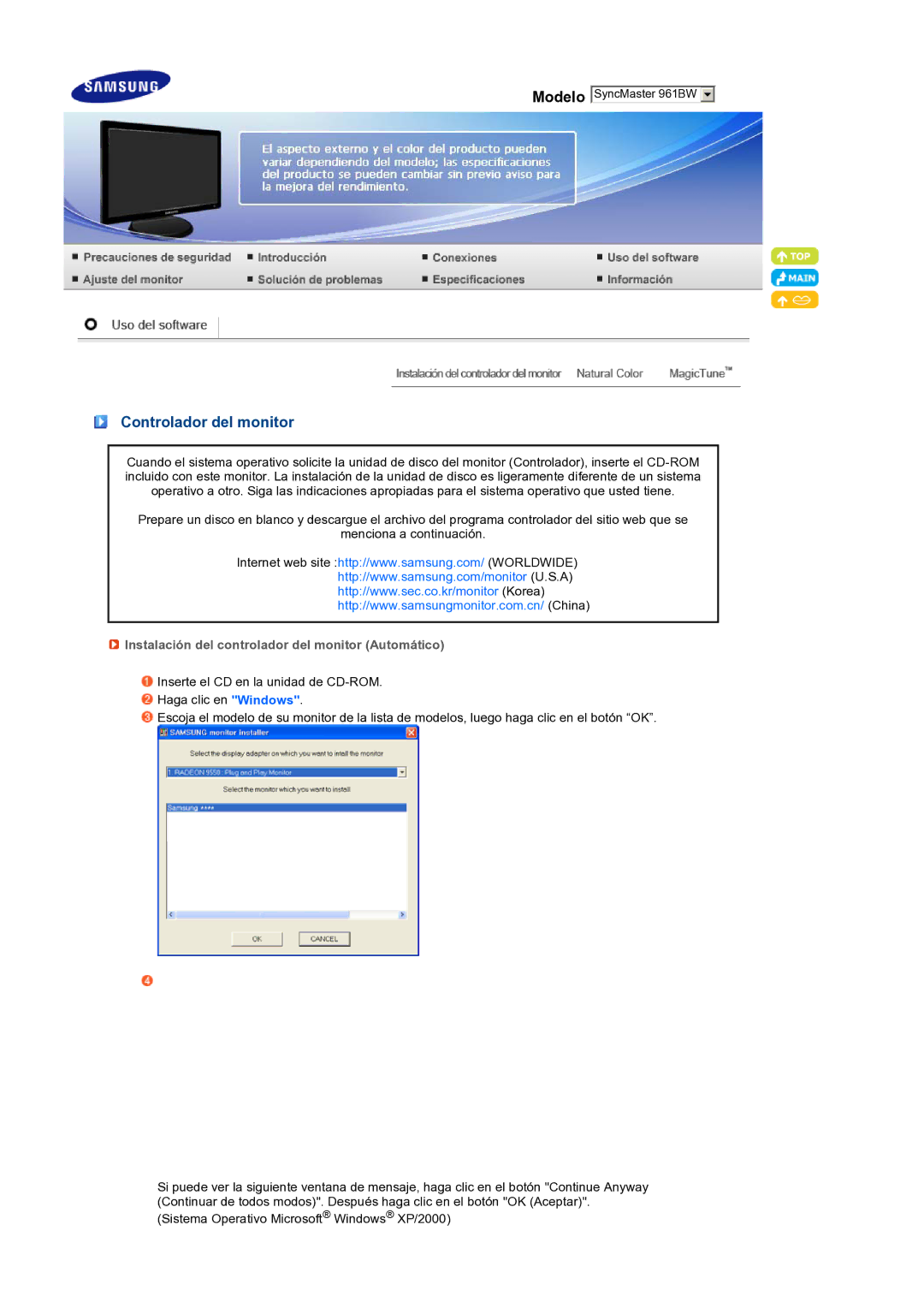 Samsung LS19PFWDFV/EDC manual Controlador del monitor, Instalación del controlador del monitor Automático 