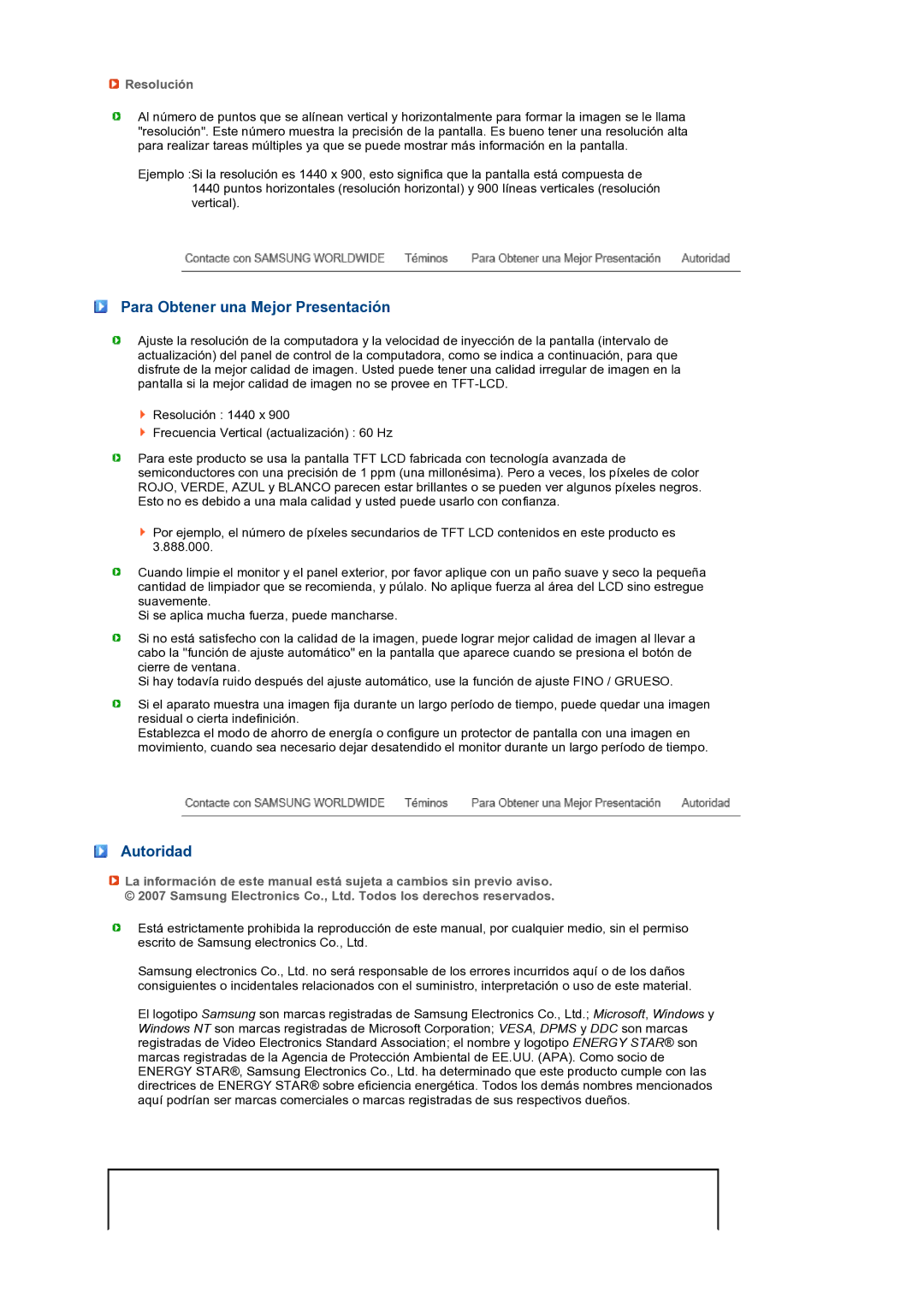 Samsung LS19PFWDFV/EDC manual Para Obtener una Mejor Presentación, Autoridad, Resolución 