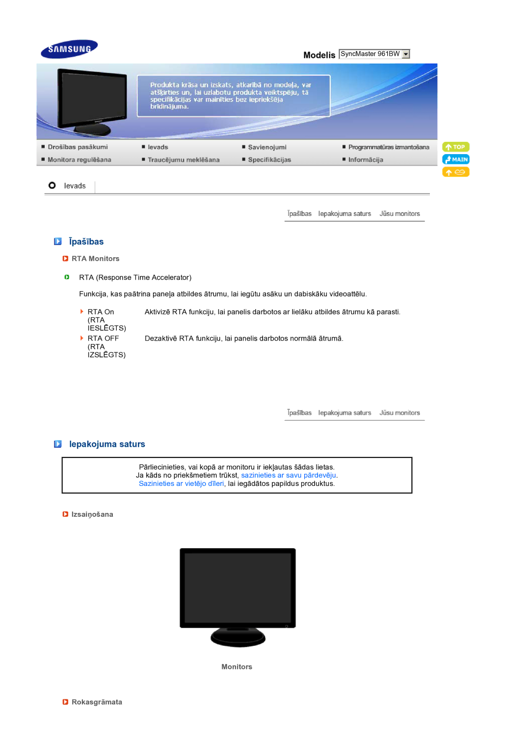 Samsung LS19PFWDFV/EDC manual Īpašības, Iepakojuma saturs, RTA Monitors, Izsaiņošana Monitors Rokasgrāmata 