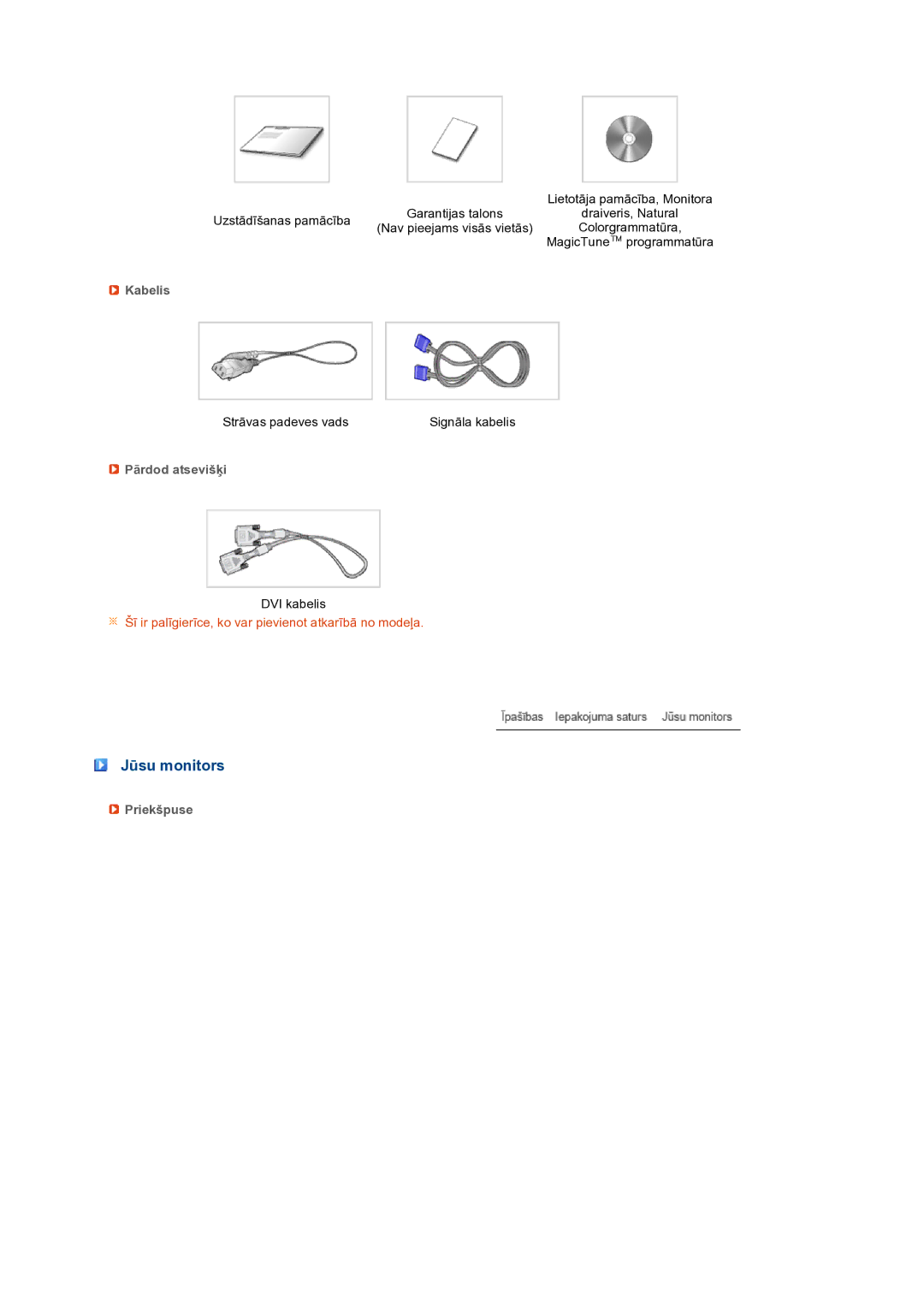 Samsung LS19PFWDFV/EDC manual Jūsu monitors, Kabelis, Pārdod atsevišķi, Priekšpuse 